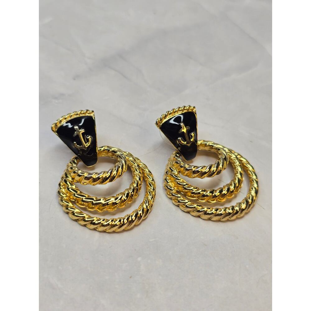 Black and Gold Tone Nautical Dangle Earrings